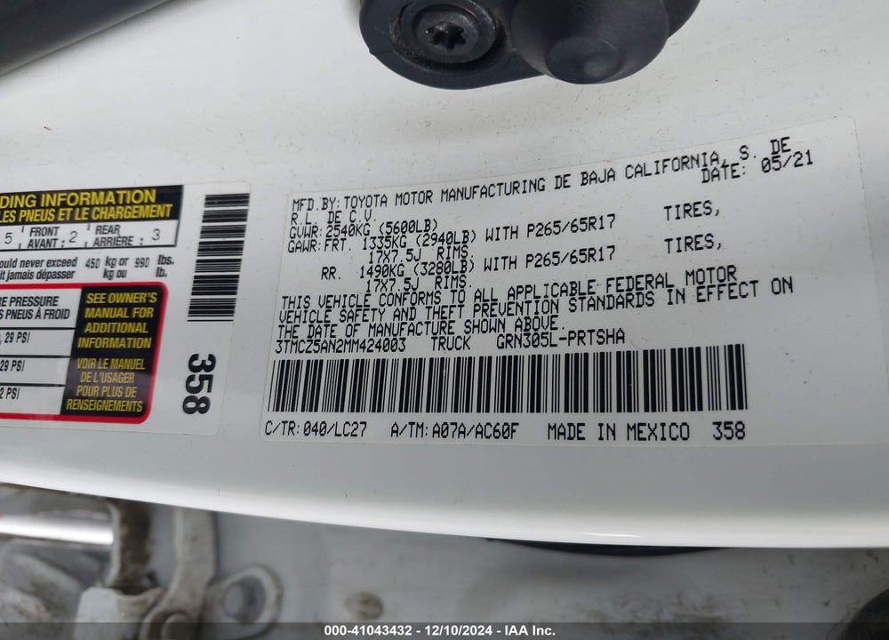 2021 TOYOTA TACOMA VIN: 3TMCZ5AN2MM424003