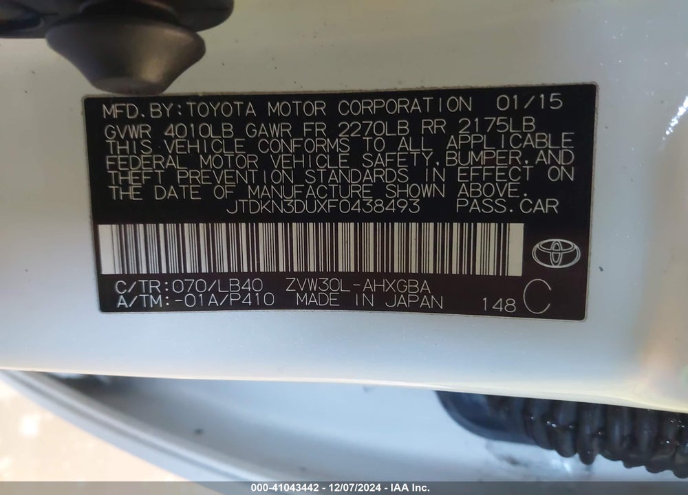 2015 TOYOTA PRIUS FOUR VIN: JTDKN3DUXF0438493