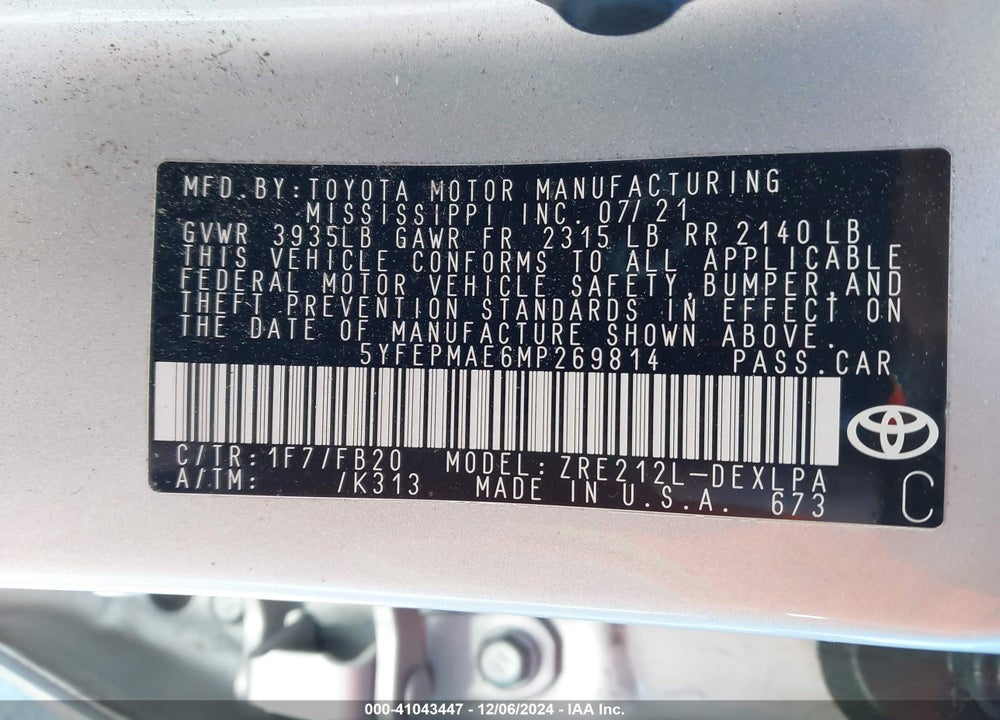 2021 TOYOTA COROLLA LE VIN: 5YFEPMAE6MP269814