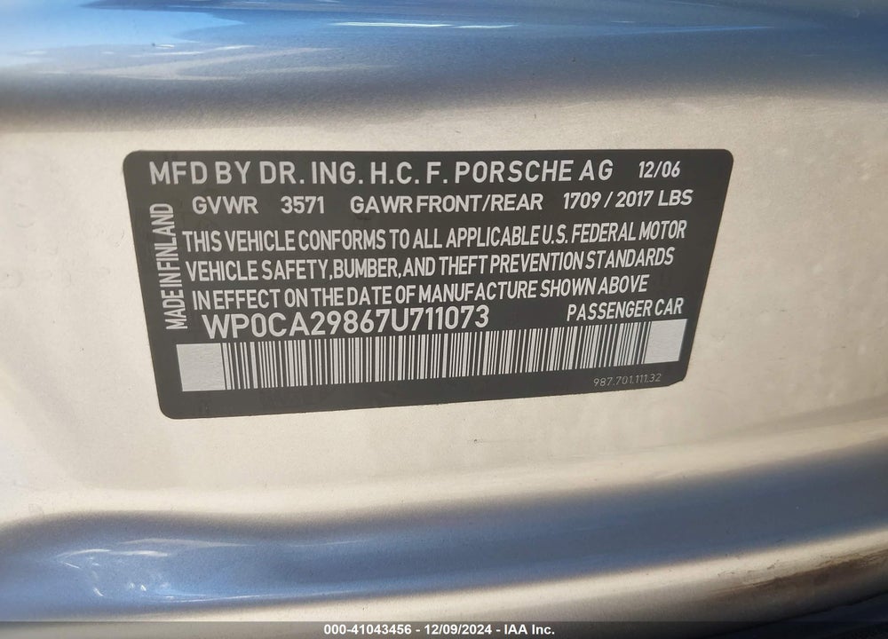 2007 PORSCHE BOXSTER VIN: WP0CA29867U711073