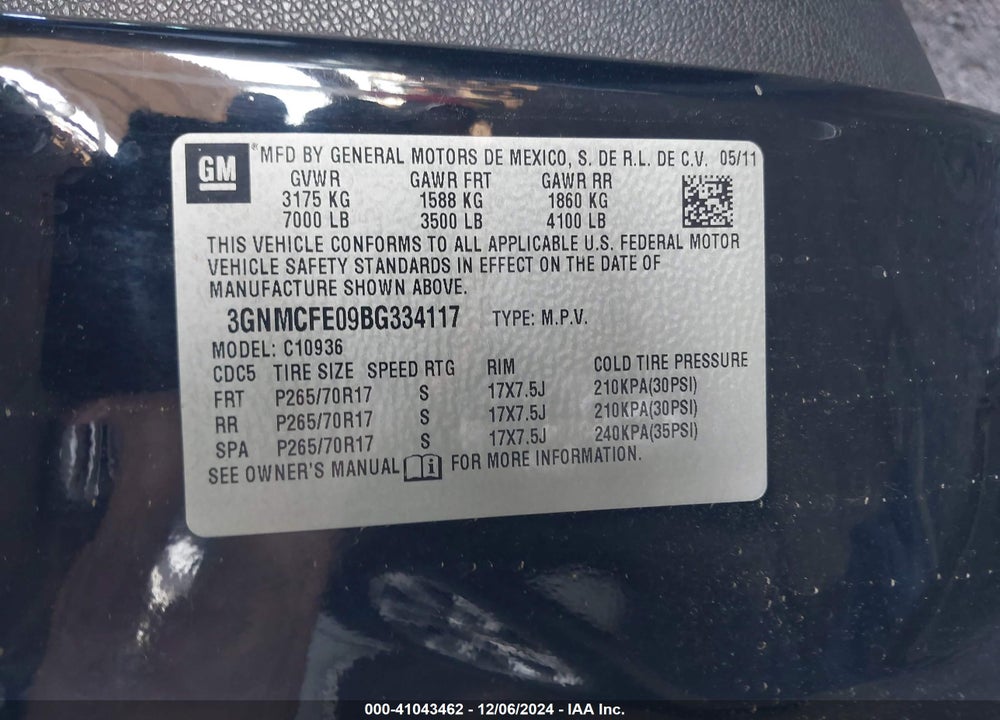 2011 CHEVROLET AVALANCHE 1500 LT1 VIN: 3GNMCFE09BG334117