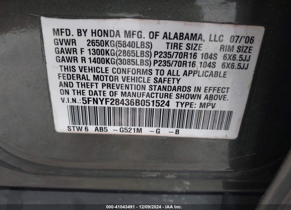2006 HONDA PILOT EX VIN: 5FNYF28436B051524
