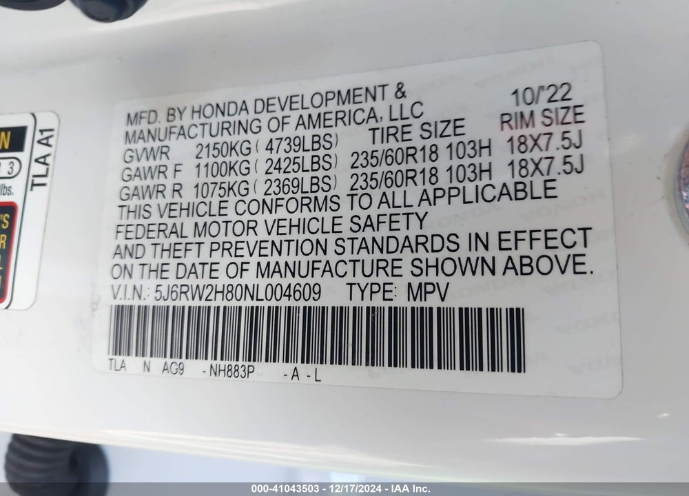 2022 HONDA CR-V AWD EX-L VIN: 5J6RW2H80NL004609