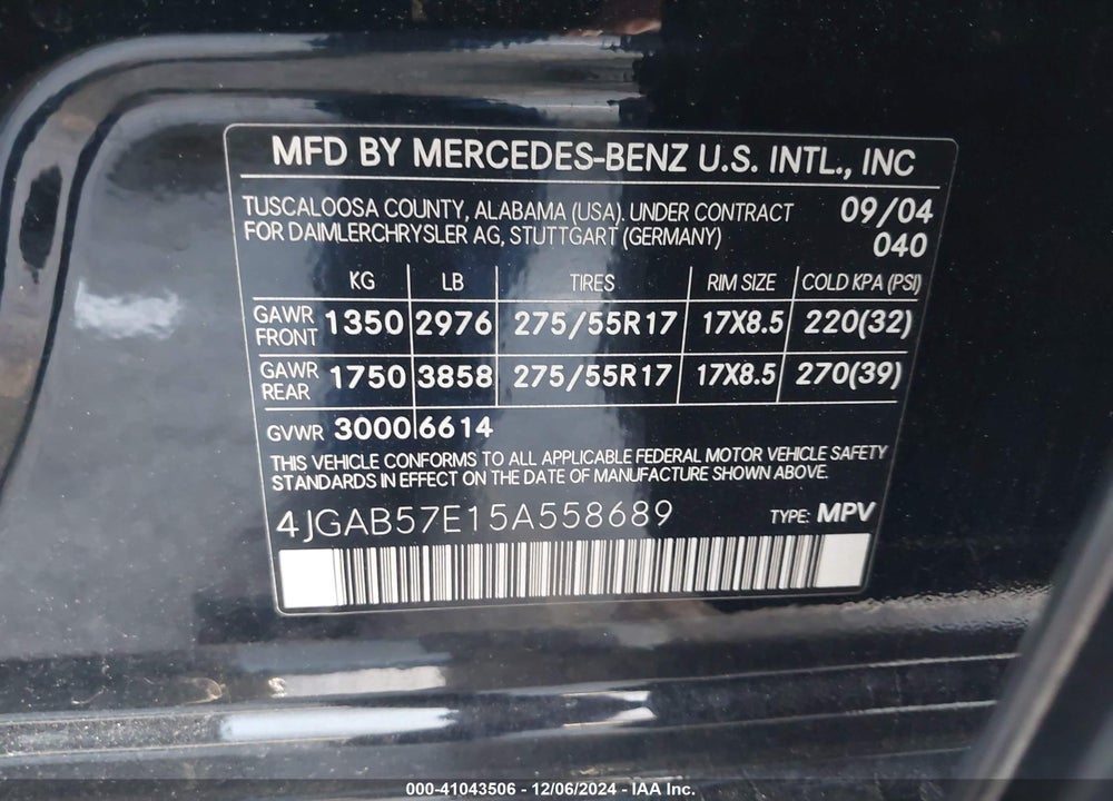 2005 MERCEDES-BENZ ML 350 4MATIC VIN: 4JGAB57E15A558689