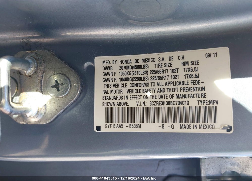 2011 HONDA CR-V LX VIN: 3CZRE3H38BG704013