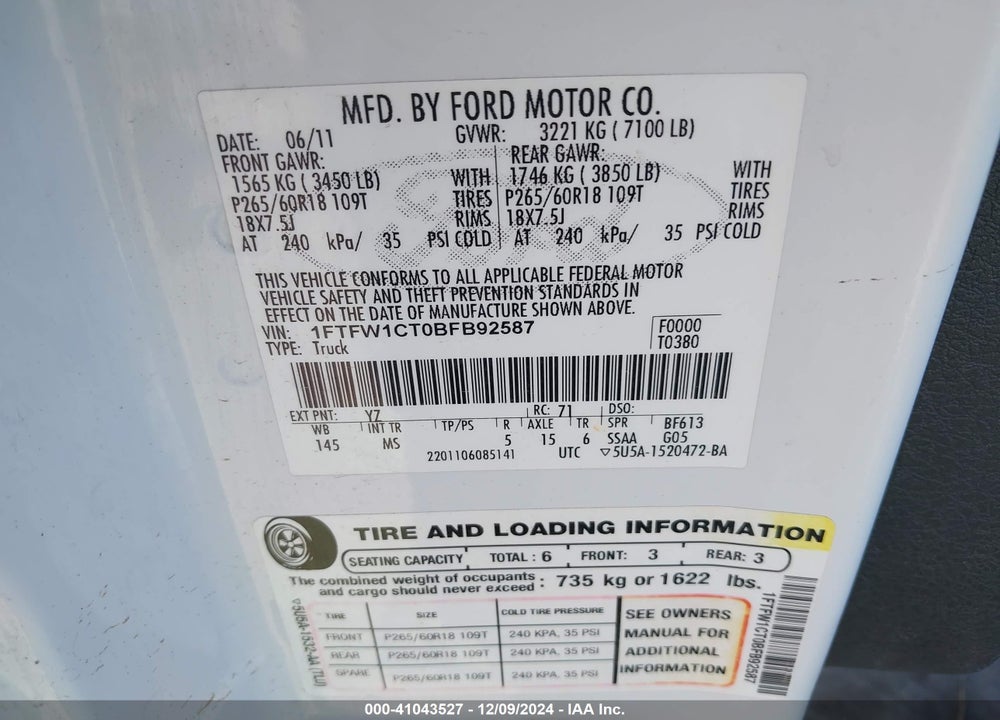 2011 FORD F-150 VIN: 1FTFW1CT0BFB92587