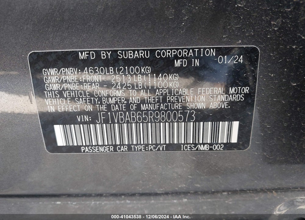 2024 SUBARU WRX VIN: JF1VBAB65R9800573