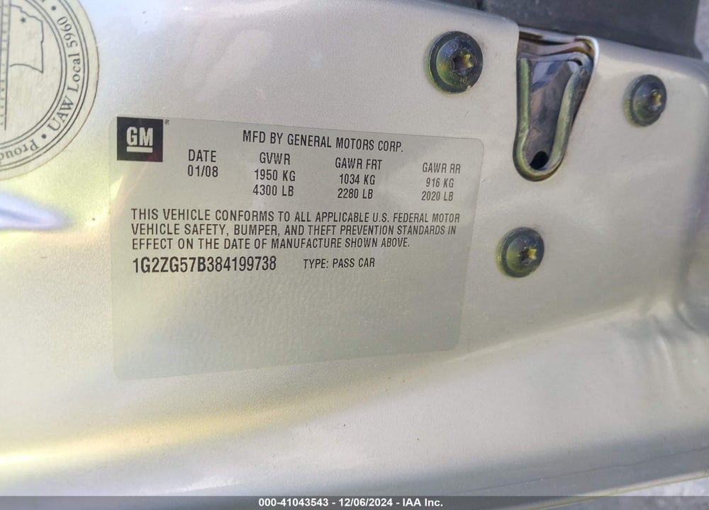 2008 PONTIAC G6 VIN: 1G2ZG57B384199738