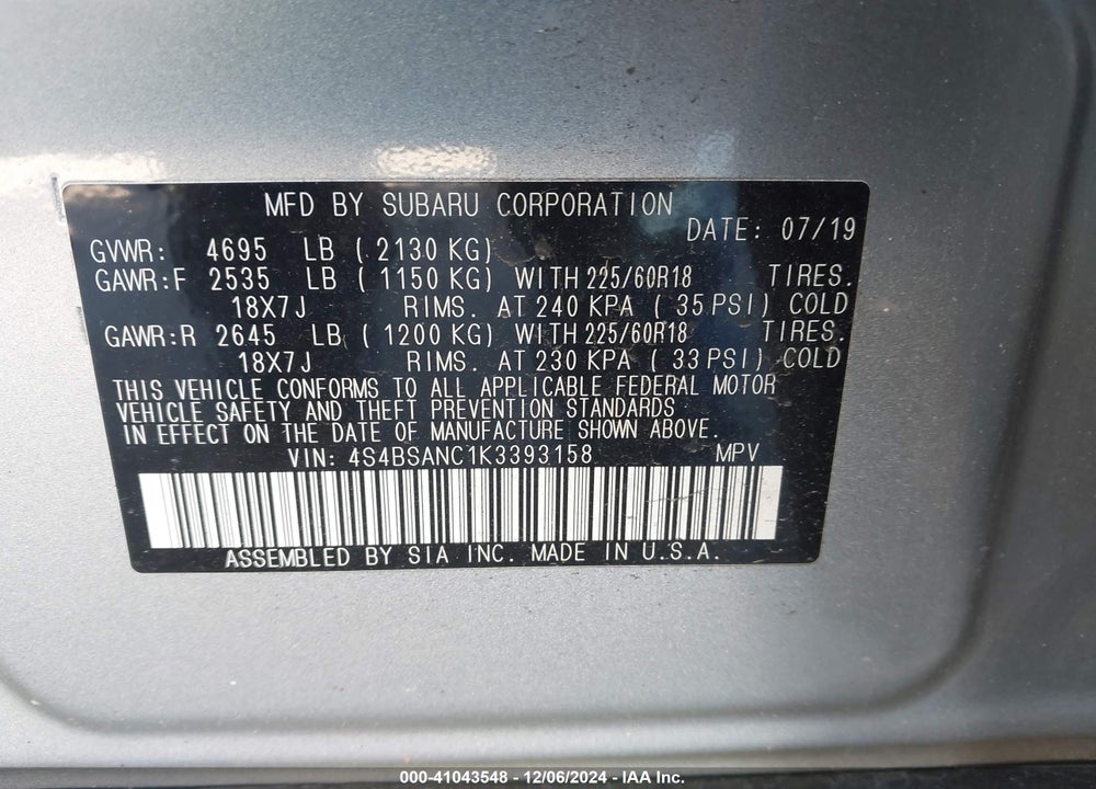 2019 SUBARU OUTBACK 2.5I LIMITED VIN: 4S4BSANC1K3393158