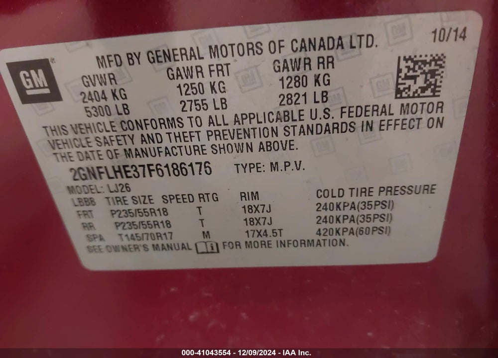 2015 CHEVROLET EQUINOX LTZ VIN: 2GNFLHE37F6186176