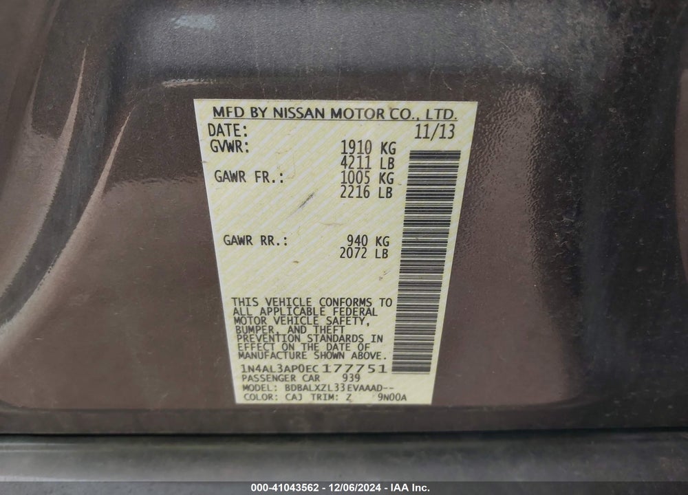 2014 NISSAN ALTIMA VIN: 1N4AL3AP0EC177751