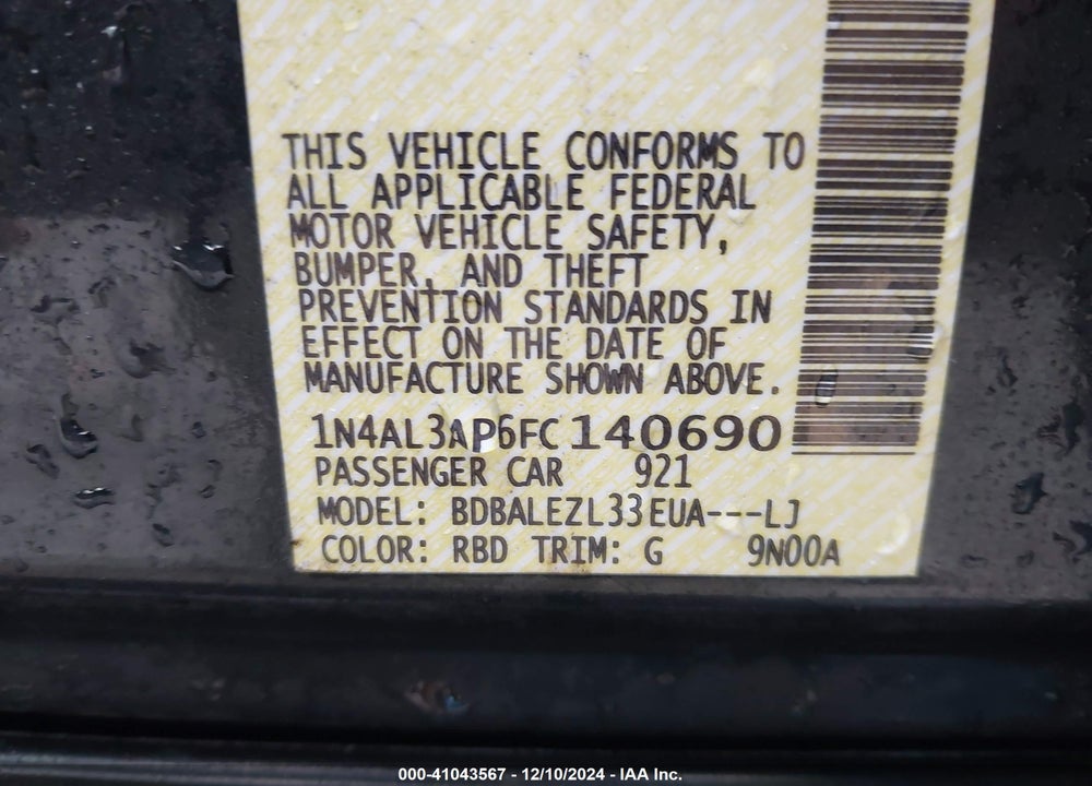 2015 NISSAN ALTIMA VIN: 1N4AL3AP6FC140690