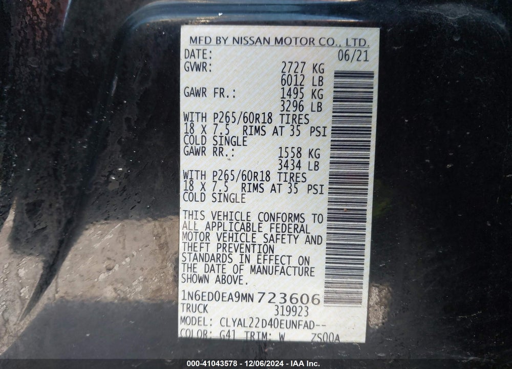 2021 NISSAN FRONTIER SV 4X2 VIN: 1N6ED0EA9MN723606