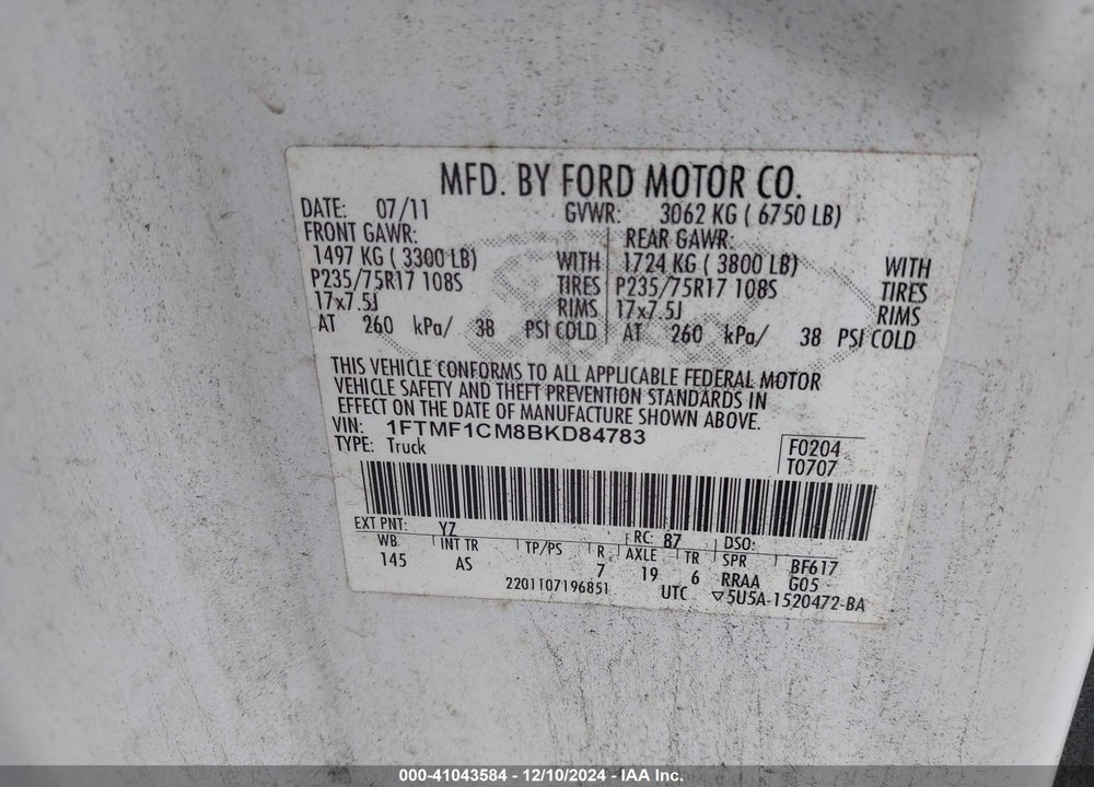 2011 FORD F-150 XL VIN: 1FTMF1CM8BKD84783