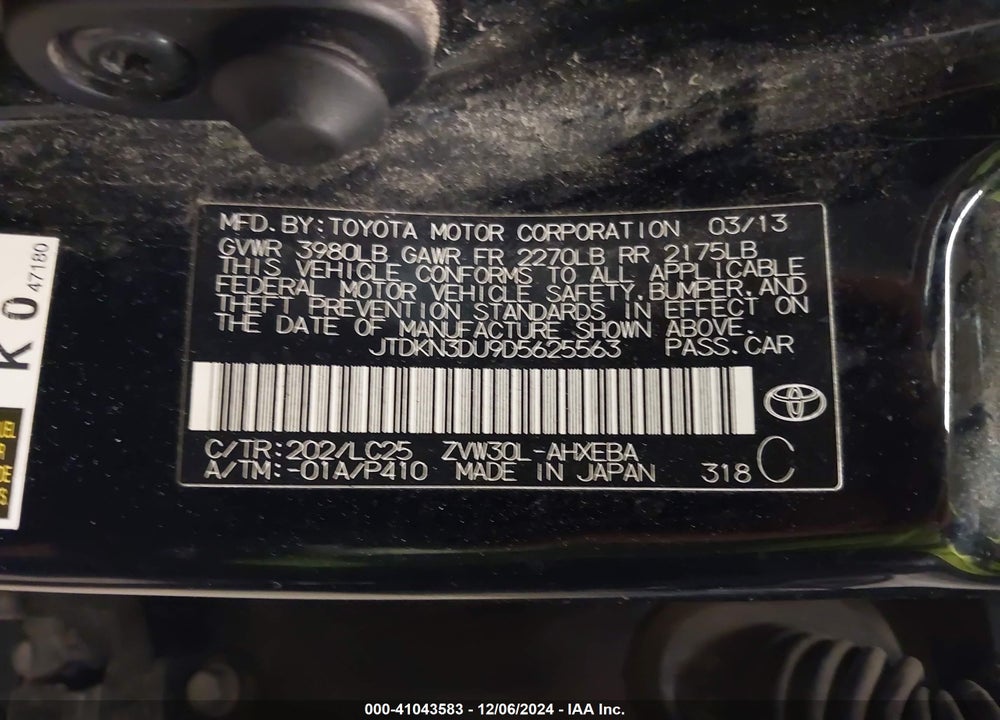 2013 TOYOTA PRIUS VIN: JTDKN3DU9D5625563