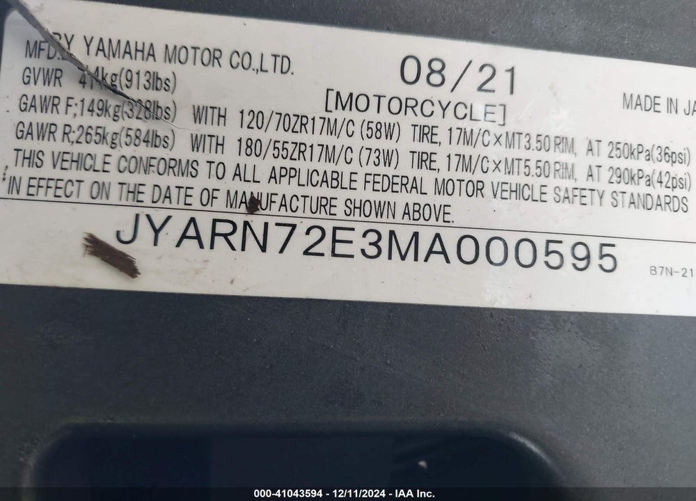 2021 YAMAHA MT09 D VIN: JYARN72E3MA000595