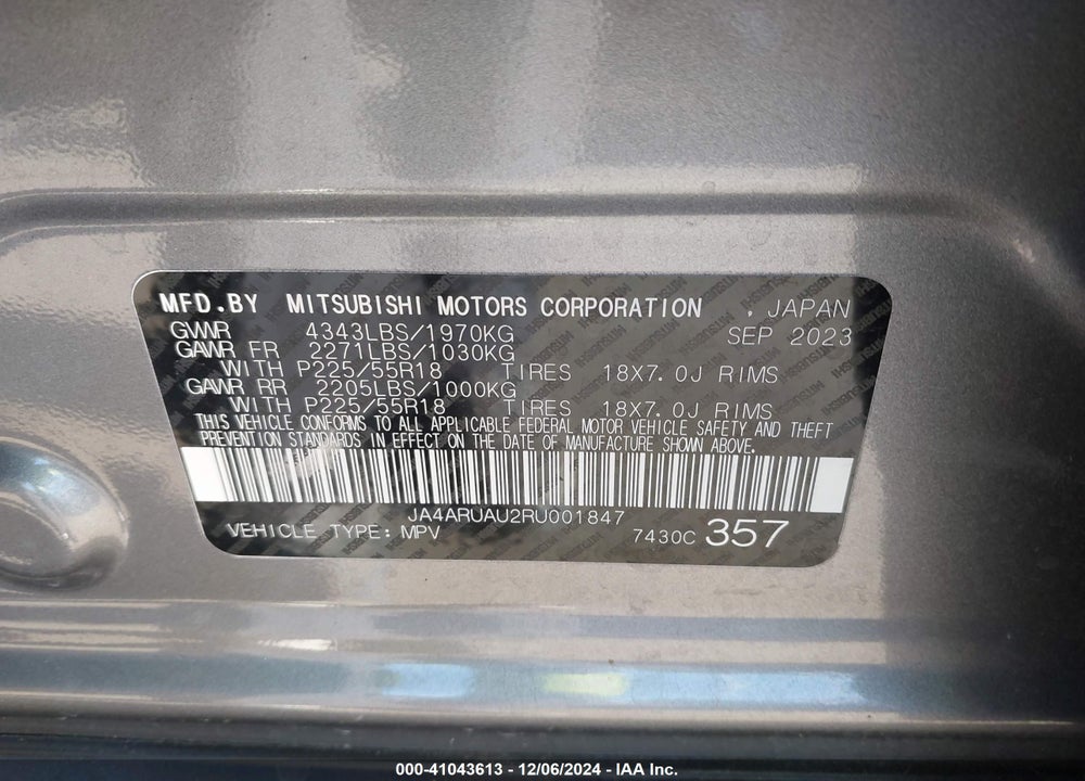 2024 MITSUBISHI OUTLANDER SPORT 2.0 ES /2.0 LE /2.0 RALLIART /2.0 S /2.0 SE /2.0 TRAIL EDITION /ES/LE/RALLIART/S/SE/TRAIL EDITION VIN: JA4ARUAU2RU001847