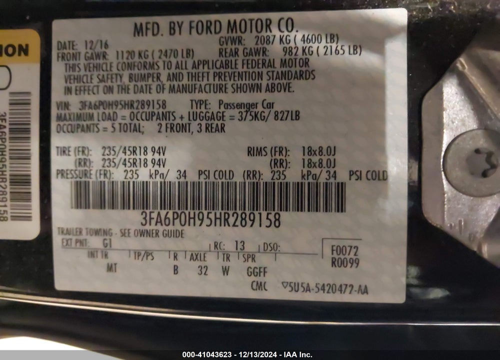 2017 FORD FUSION VIN: 3FA6P0H95HR289158