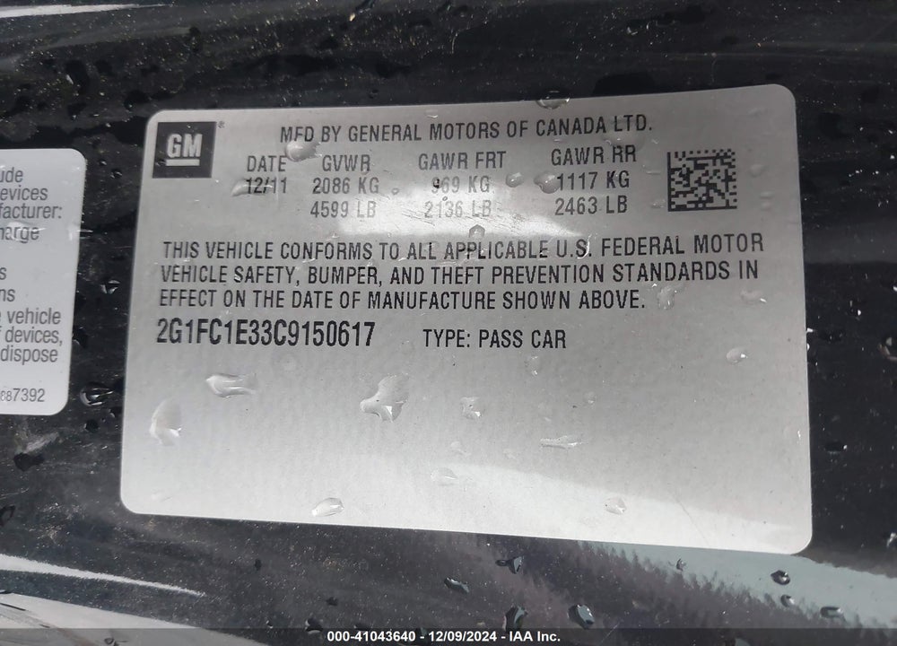 2012 CHEVROLET CAMARO 2LT VIN: 2G1FC1E33C9150617