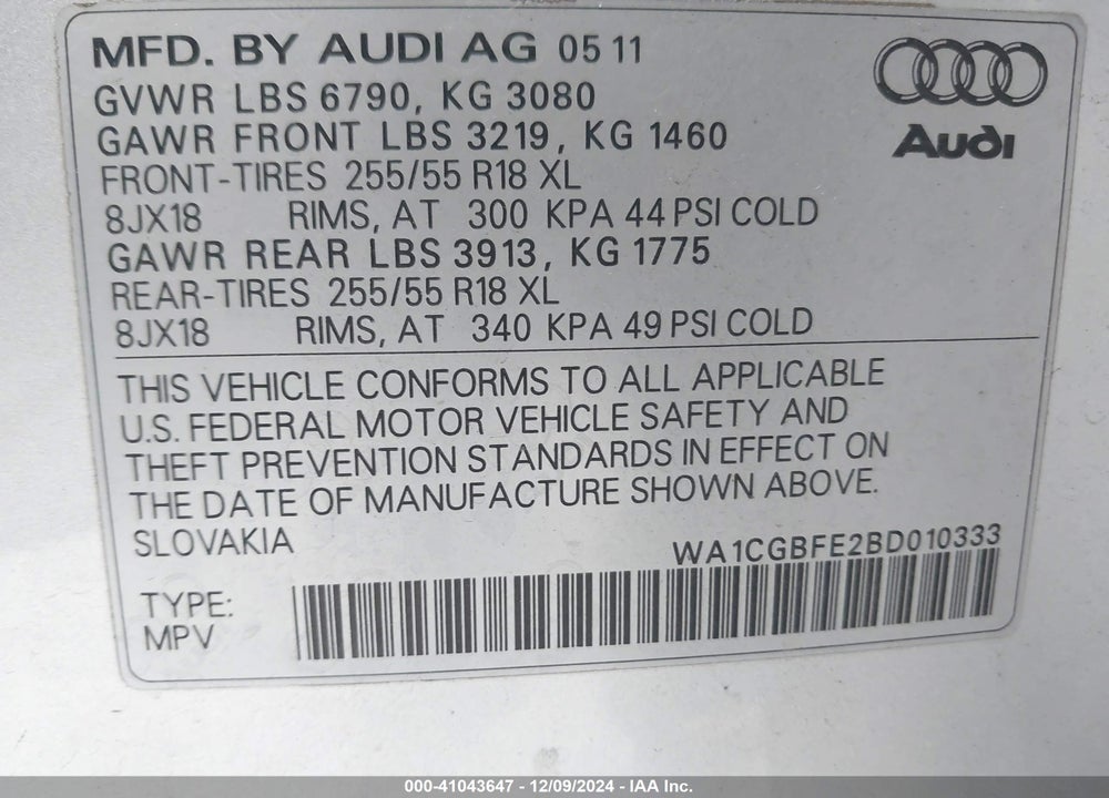 2011 AUDI Q7 3.0T PREMIUM VIN: WA1CGBFE2BD010333