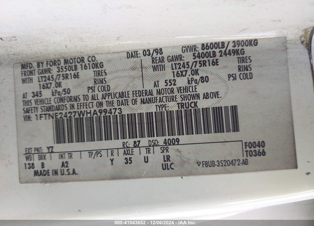 1998 FORD E-250 COMMERCIAL VIN: 1FTNE2427WHA99473