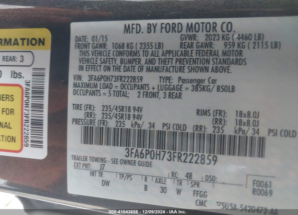 2015 FORD FUSION SE VIN: 3FA6P0H73FR222859