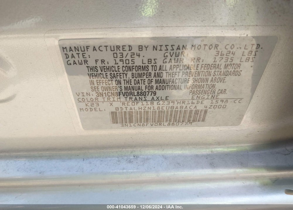 2024 NISSAN VERSA 1.6 SR VIN: 3N1CN8FV0RL880779