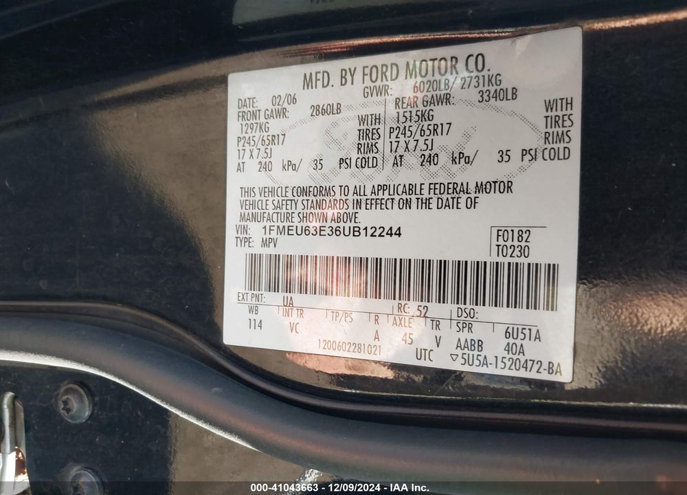 2006 FORD EXPLORER XLT VIN: 1FMEU63E36UB12244