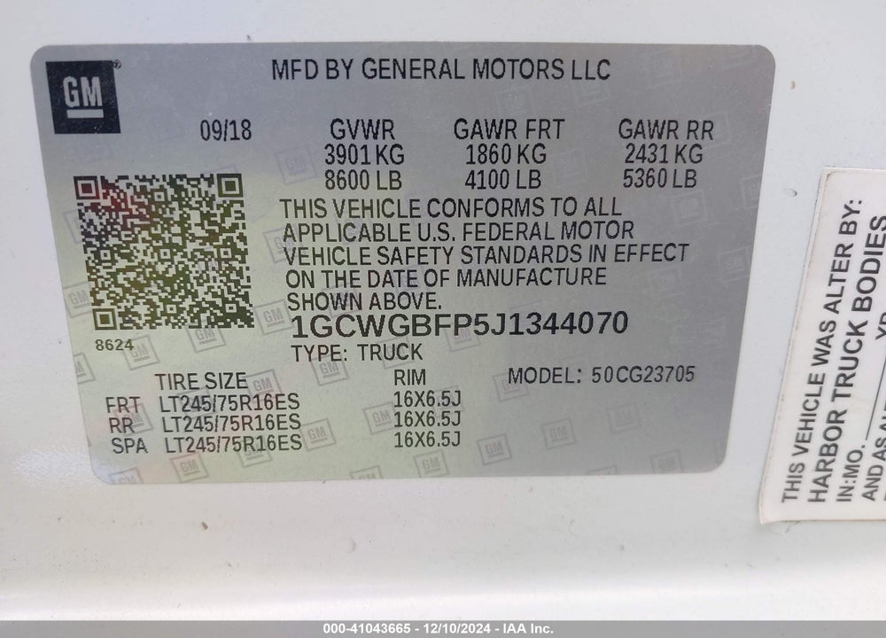 2018 CHEVROLET EXPRESS 2500 VIN: 1GCWGBFP5J1344070