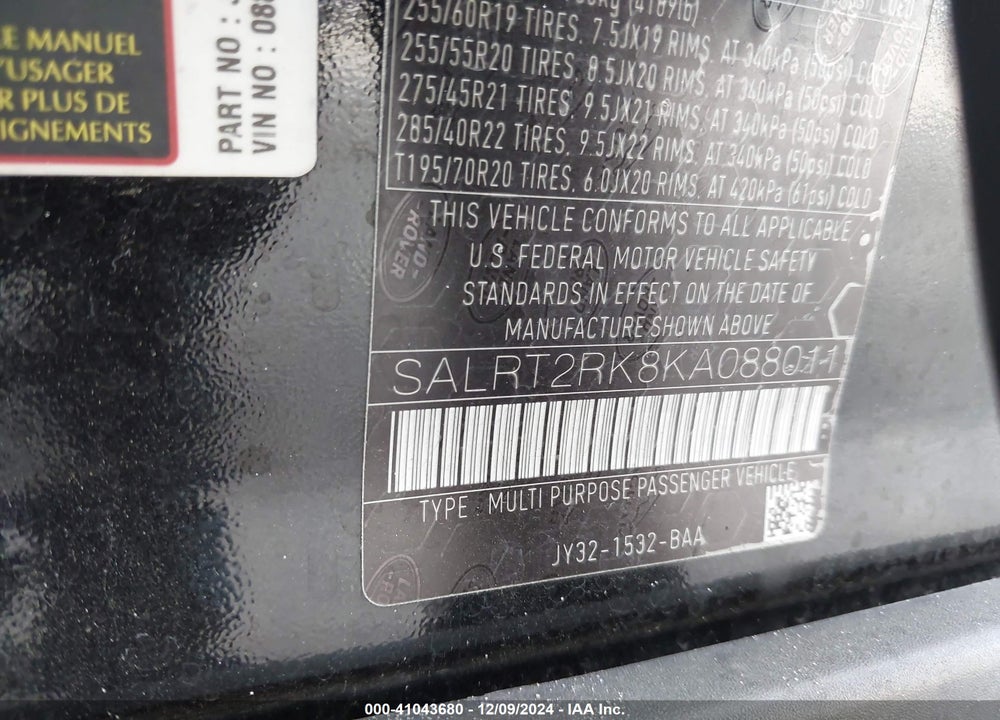 2019 LAND ROVER DISCOVERY VIN: SALRT2RK8KA088011