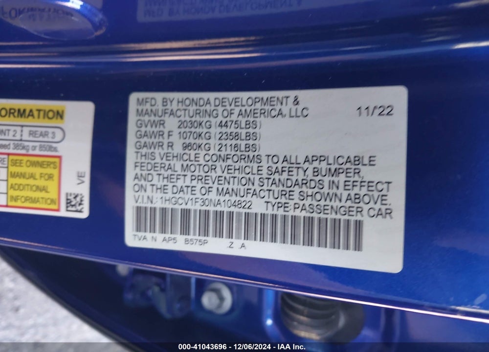 2022 HONDA ACCORD VIN: 1HGCV1F30NA104822