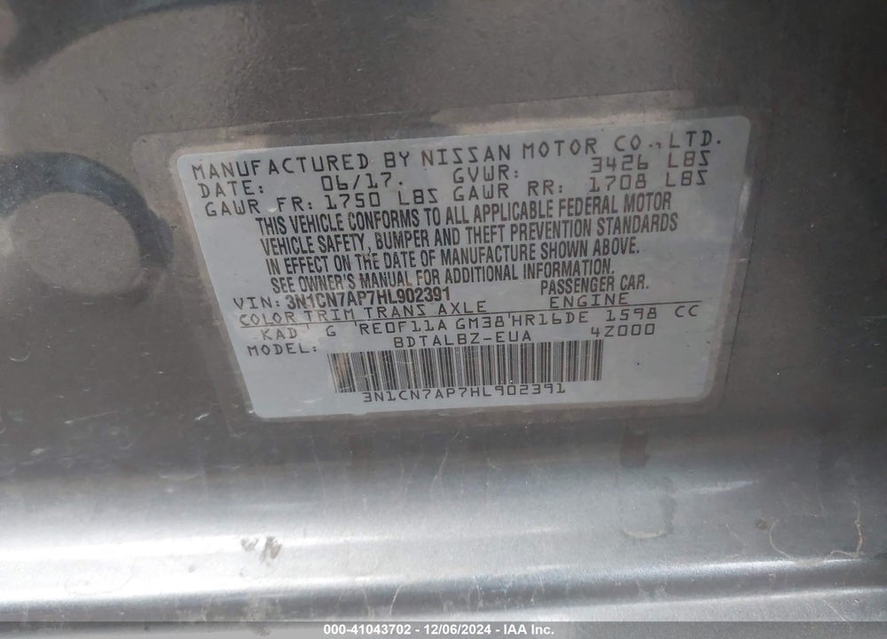 2017 NISSAN VERSA 1.6 SV VIN: 3N1CN7AP7HL902391