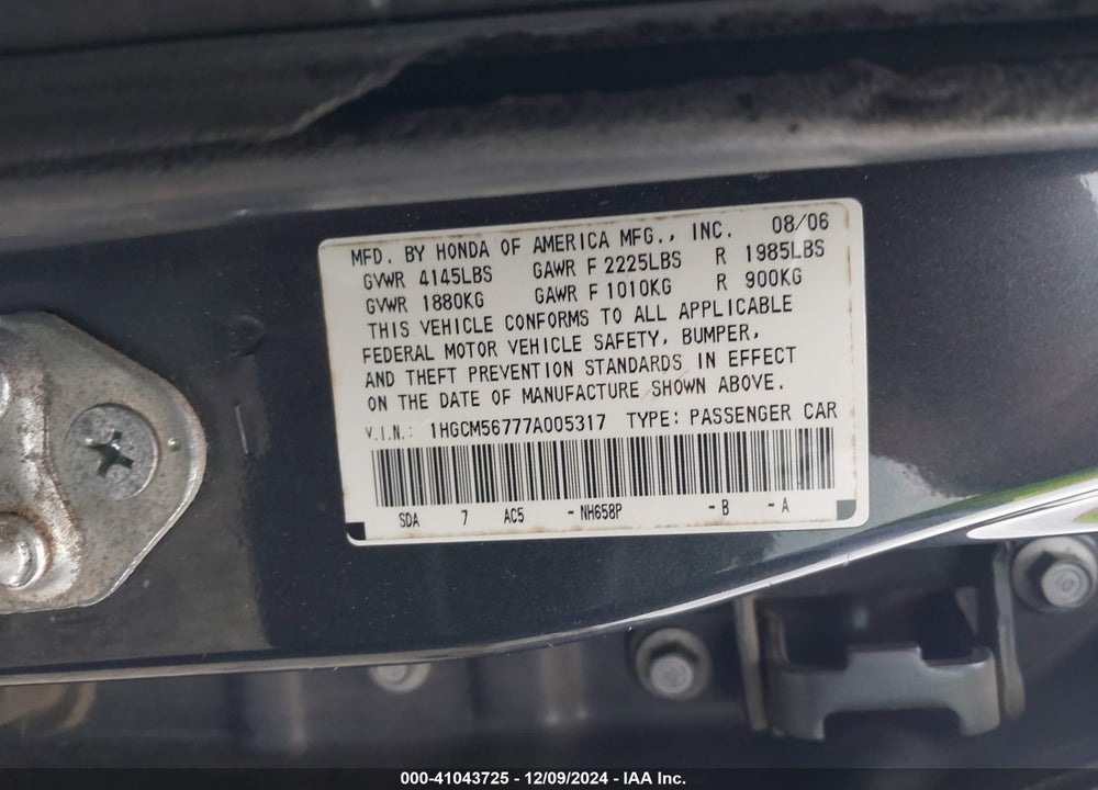 2007 HONDA ACCORD 2.4 EX VIN: 1HGCM56777A005317