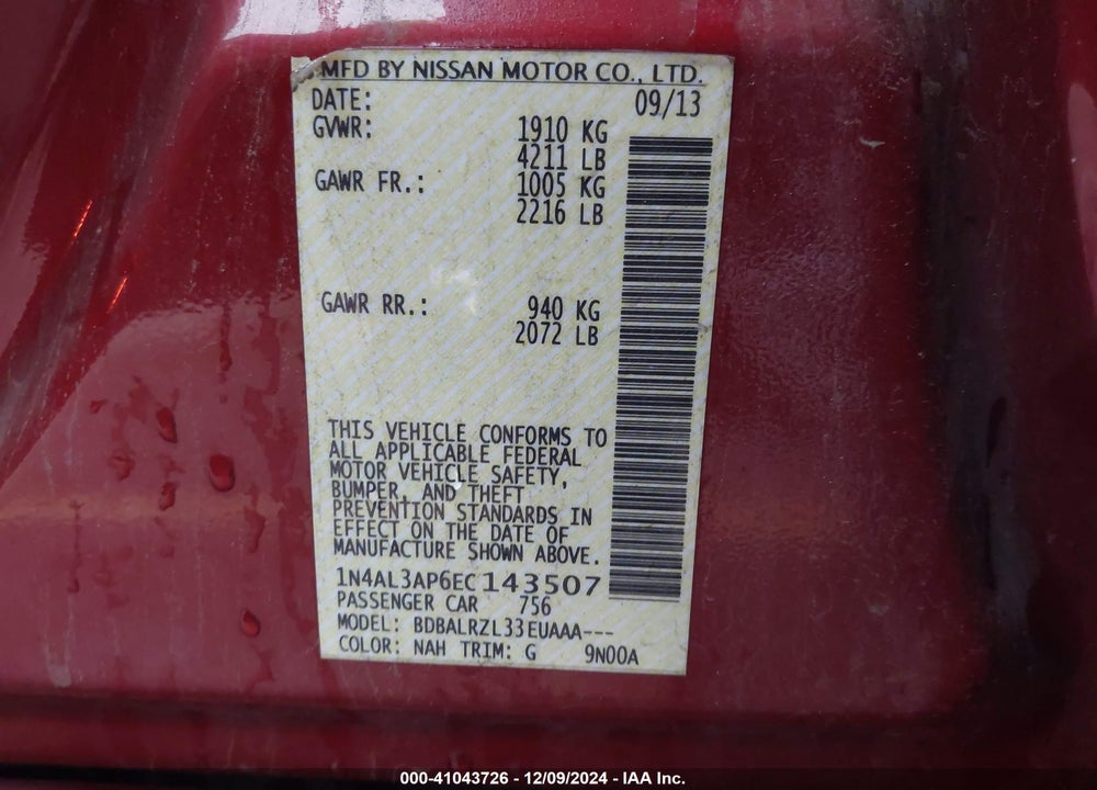 2014 NISSAN ALTIMA 2.5 S VIN: 1N4AL3AP6EC143507