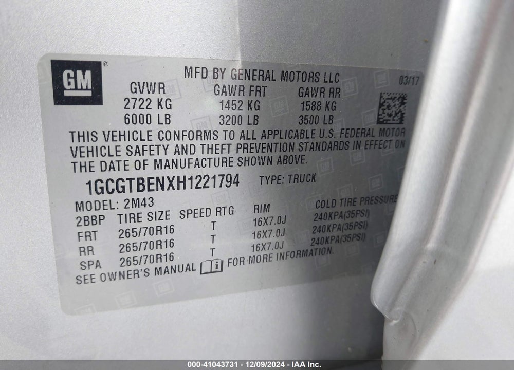 2017 CHEVROLET COLORADO VIN: 1GCGTBENXH1221794