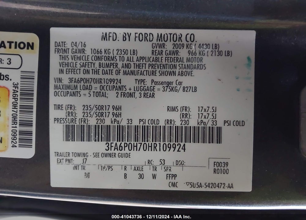 2017 FORD FUSION SE VIN: 3FA6P0H70HR109924