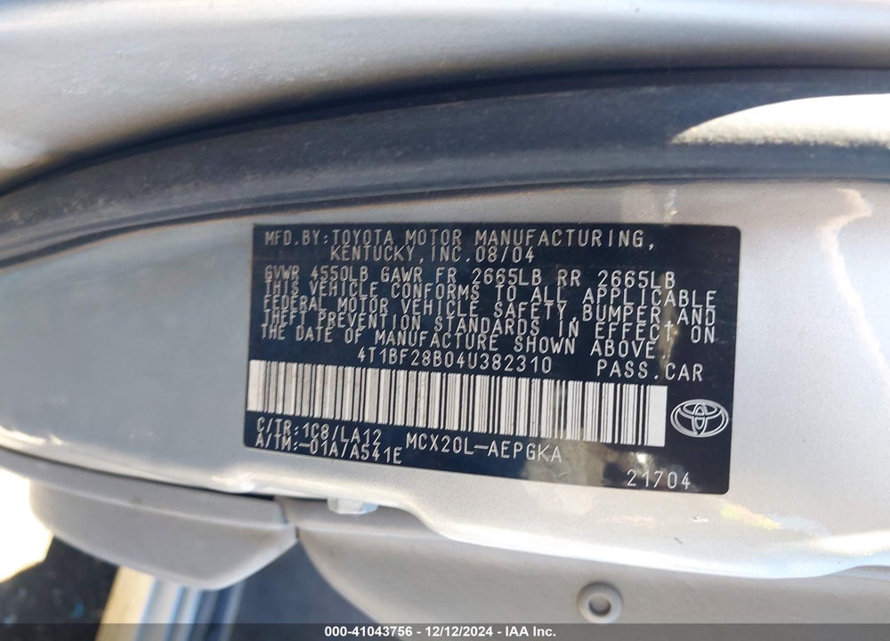 2004 TOYOTA AVALON XLS VIN: 4T1BF28B04U382310