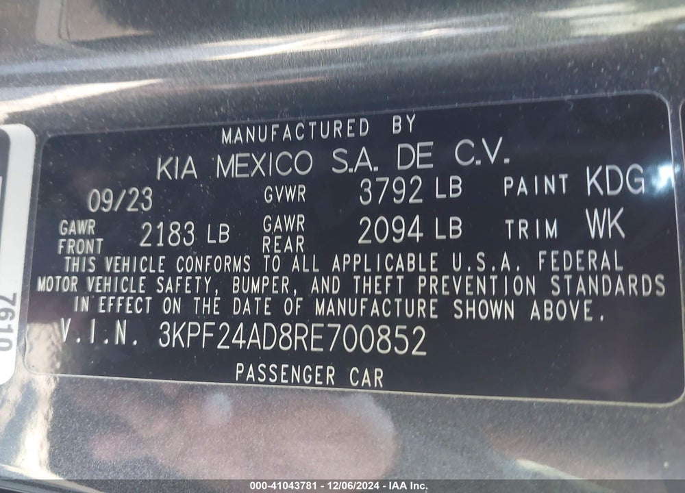 2024 KIA FORTE LXS VIN: 3KPF24AD8RE700852