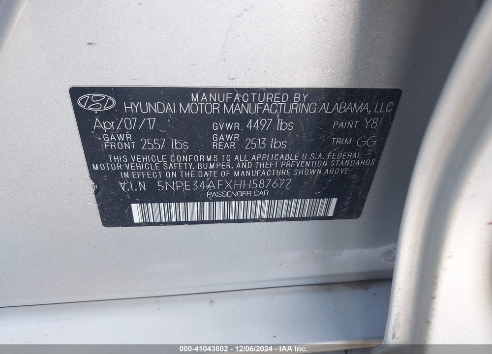 2017 HYUNDAI SONATA SPORT VIN: 5NPE34AFXHH587622