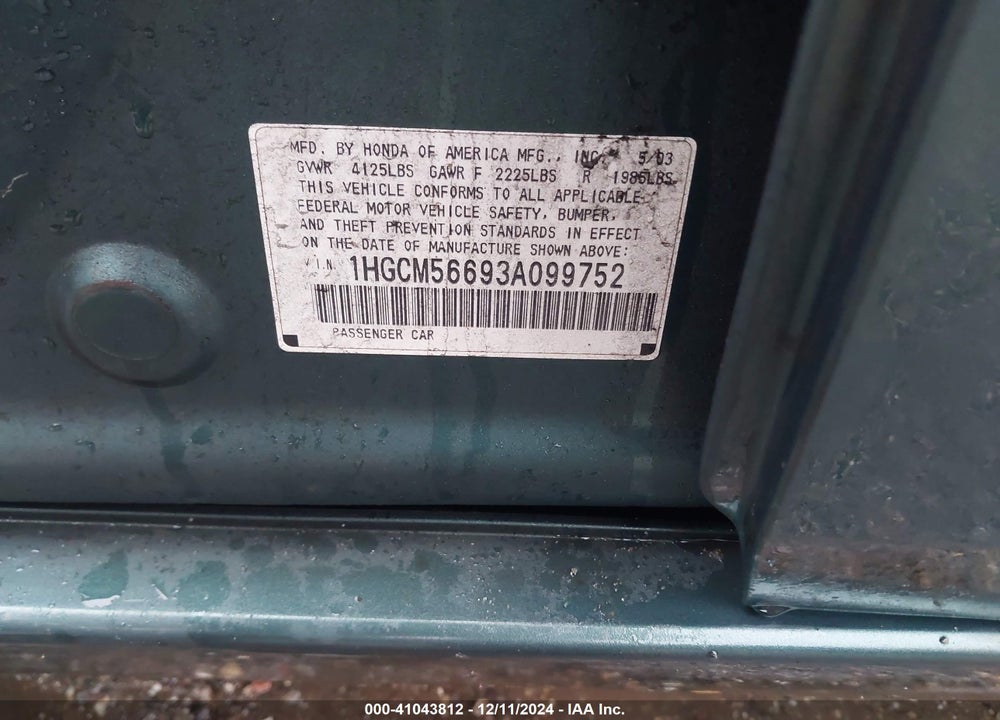 2003 HONDA ACCORD 2.4 EX VIN: 1HGCM56693A099752
