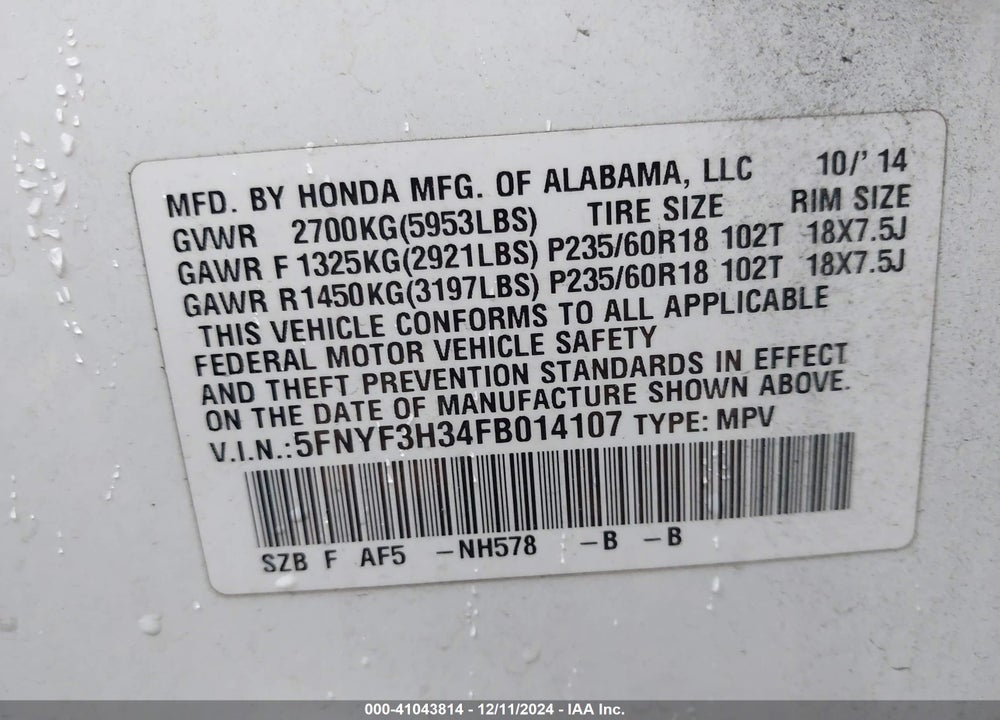 2015 HONDA PILOT SE VIN: 5FNYF3H34FB014107