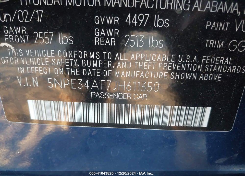 2018 HYUNDAI SONATA SEL VIN: 5NPE34AF7JH611350