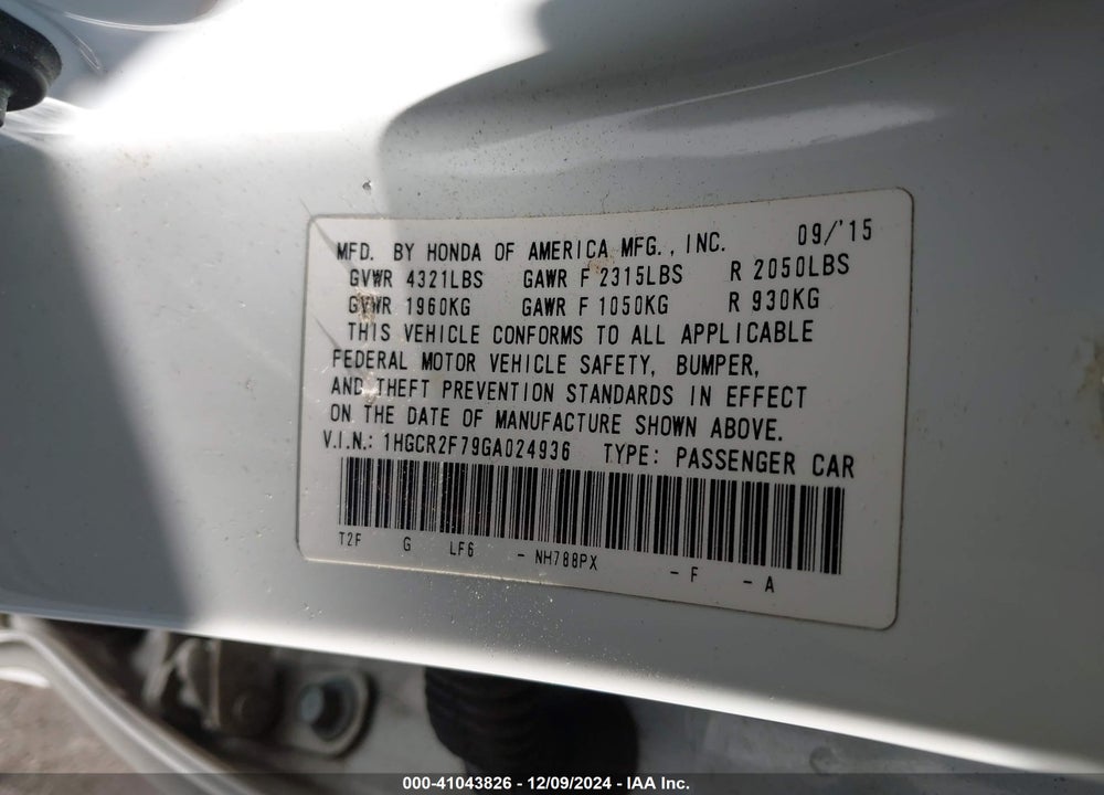 2016 HONDA ACCORD EX VIN: 1HGCR2F79GA024936