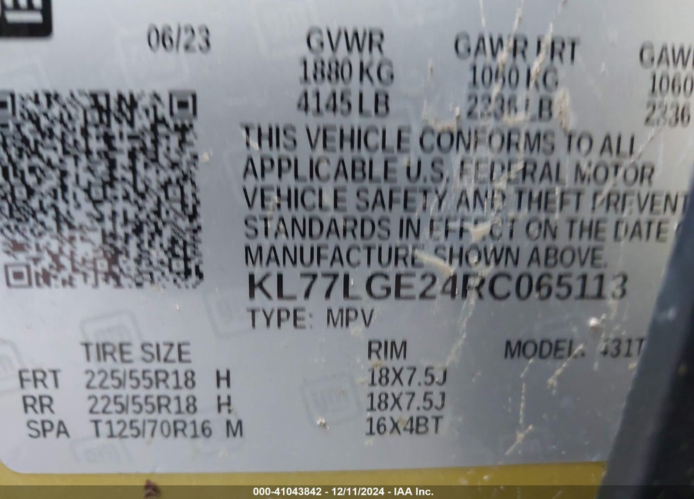 2024 CHEVROLET TRAX FWD 1RS VIN: KL77LGE24RC065113