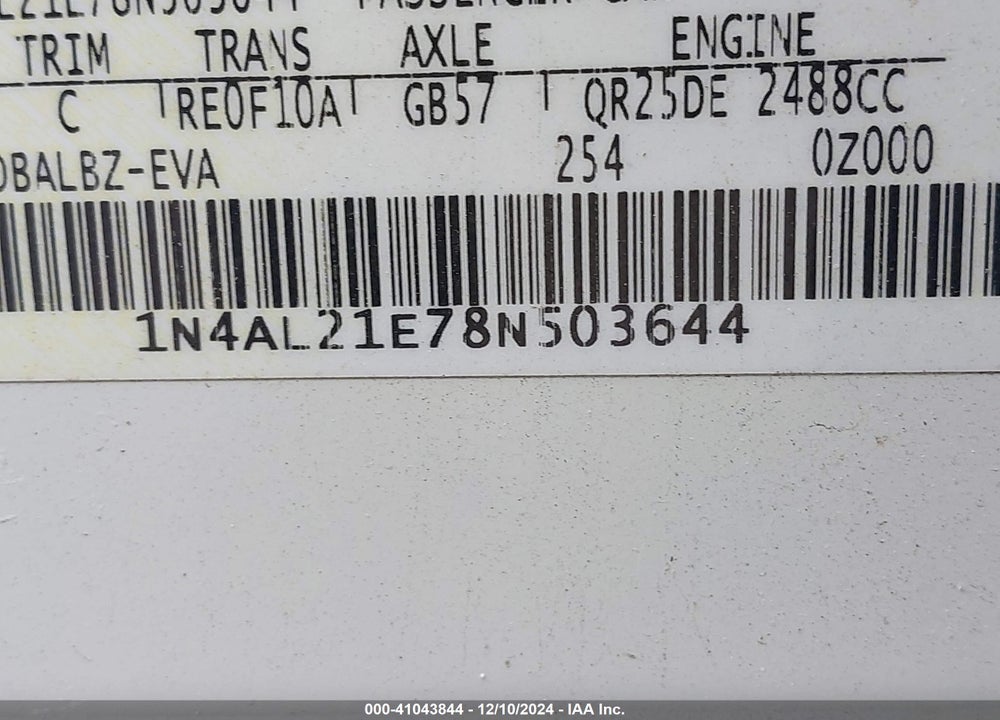 2008 NISSAN ALTIMA VIN: 1N4AL21E78N503644
