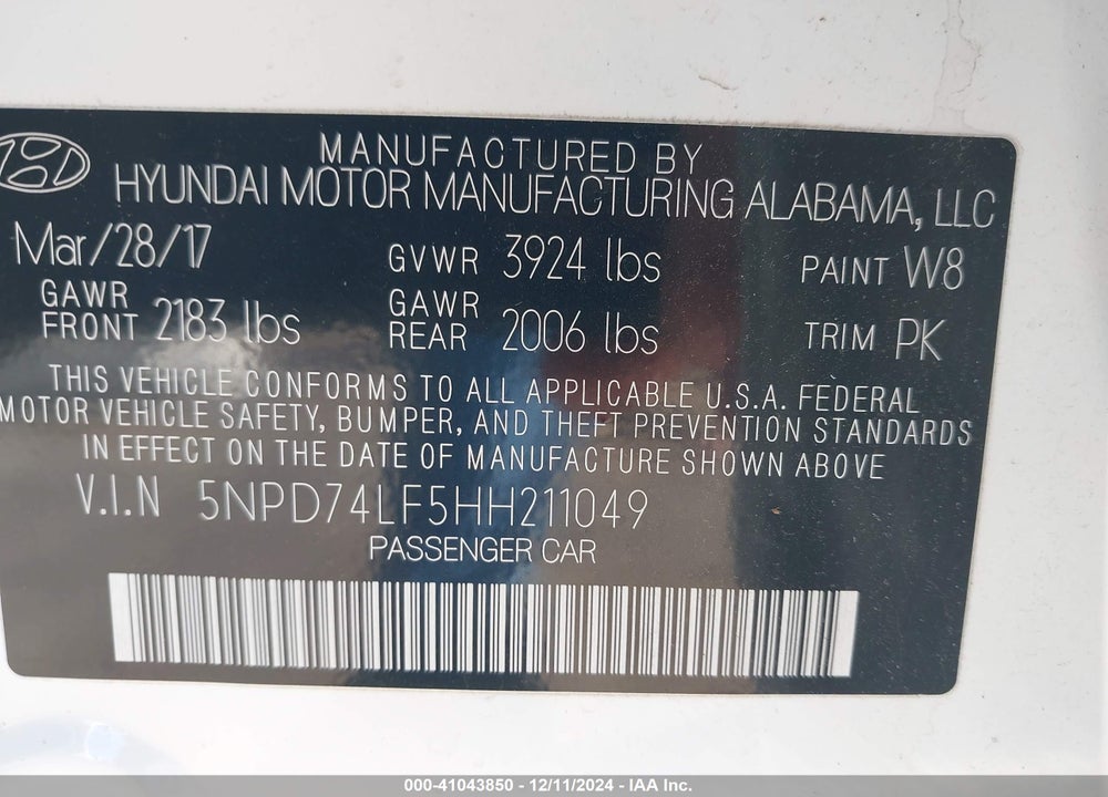 2017 HYUNDAI ELANTRA VIN: 5NPD74LF5HH211049