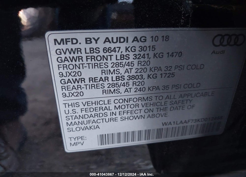 2019 AUDI Q7 55 PREMIUM VIN: WA1LAAF73KD012458