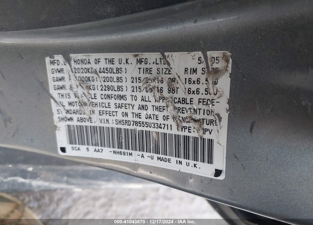 2005 HONDA CR-V LX VIN: SHSRD78555U334711