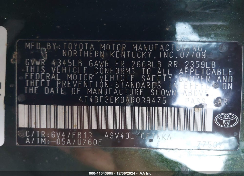 2010 TOYOTA CAMRY LE VIN: 4T4BF3EK0AR039475