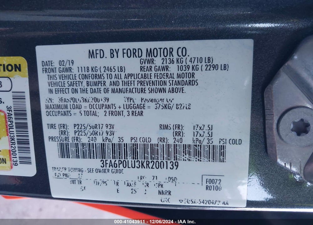 2019 FORD FUSION HYBRID SE VIN: 3FA6P0LU3KR200139